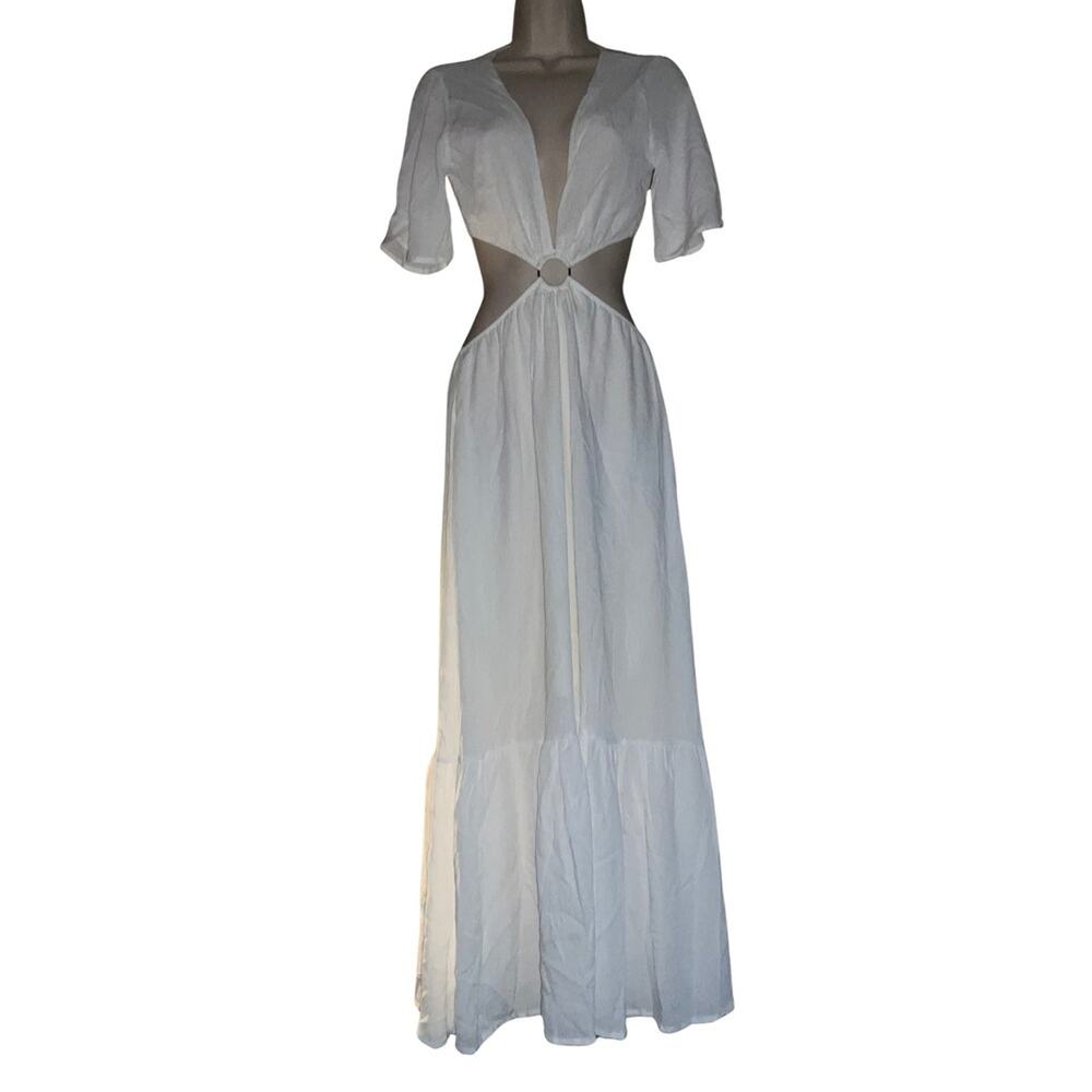Magnolia Boutique White Cutout Ring Maxi Dress Plunge V-Neck Small NWOT Boho